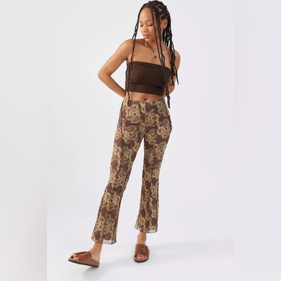 UO Aliza Mesh Overlay Seamed Trouser Pant - Patterned, Brown - Picture 5 of 8